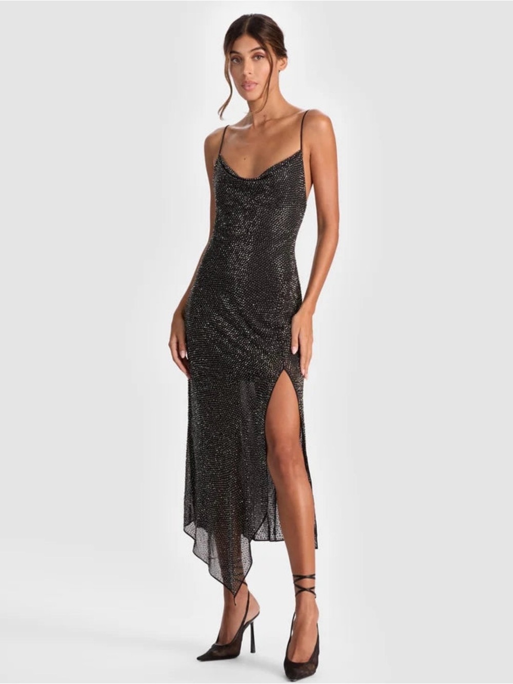 Alice + Olivia Black Sparkle High-Low Slip Dress with Side Slit